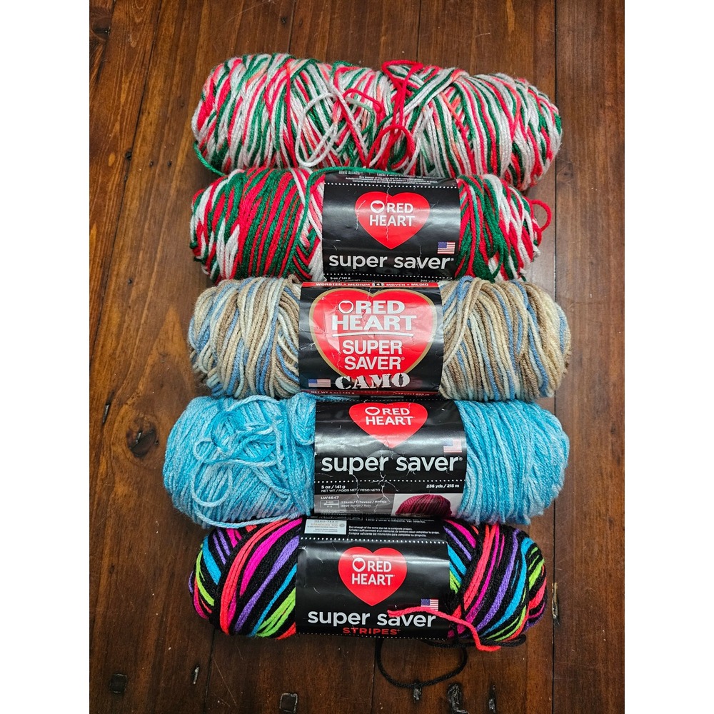 Red Heart Super Saver Yarn Lot 5 Skeins Camo Topaz Neon Stripes Holiday Worsted